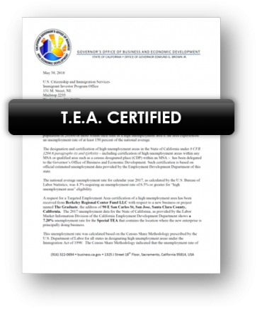 TEAcertifified-document-website-home Behring Eb-5 TEA letter with label and shadow background