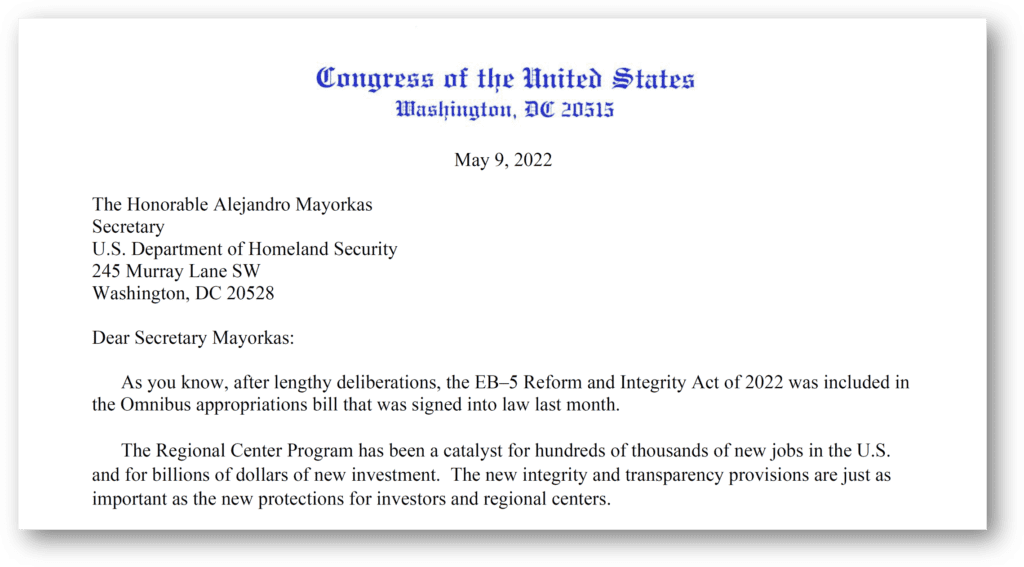 U.S. Congress Issues Letter to USCIS Clarifying Immediate Reauthorization of EB-5 Regional Centers